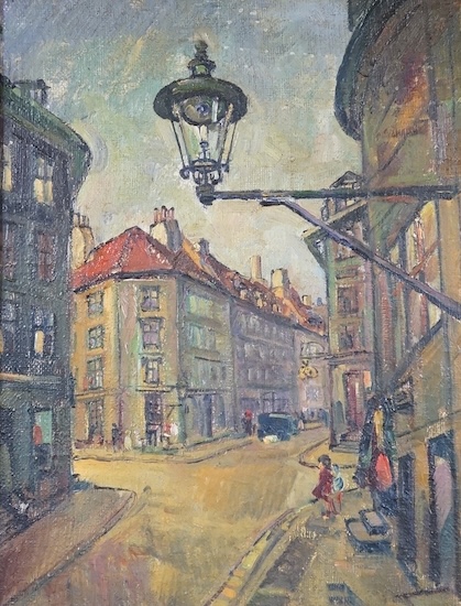 20th century, English School, oil on canvas, Street scene with figures, unsigned, 44 x 34cm. Condition - fair to good